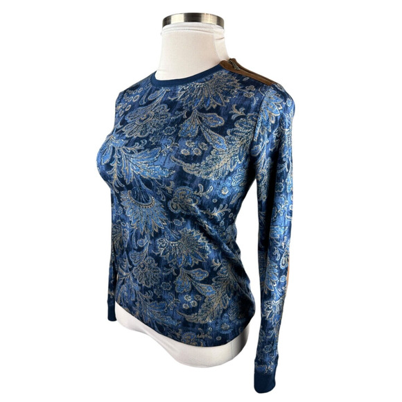 NWT Lauren Ralph Lauren Paisley Print LS Suede Elbow Shoulder Zip Top Blue Large - Picture 6 of 14